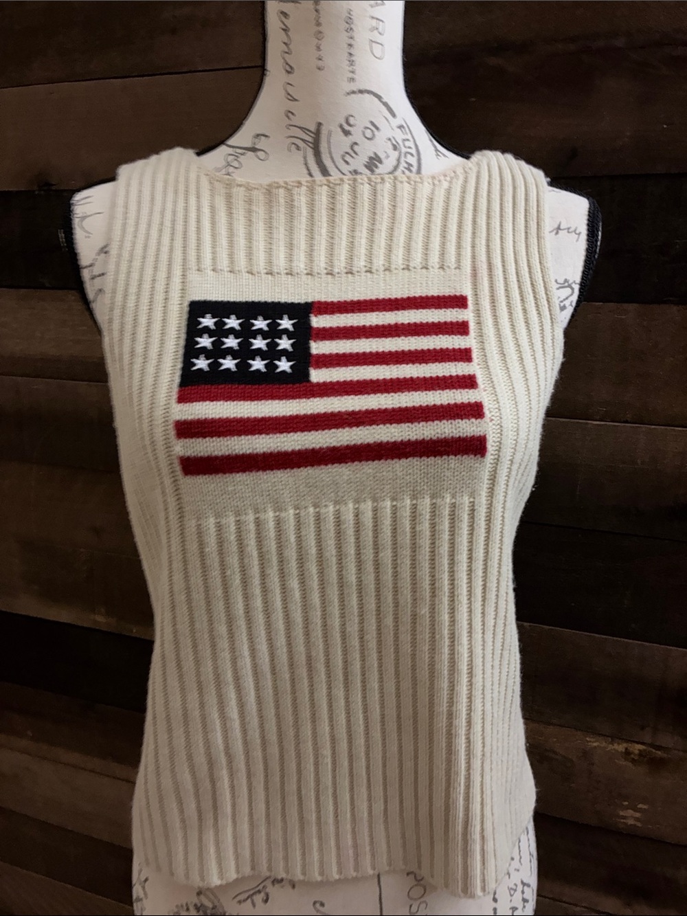 Cream Ribbed Knit Sweater Vest with Flag Motif